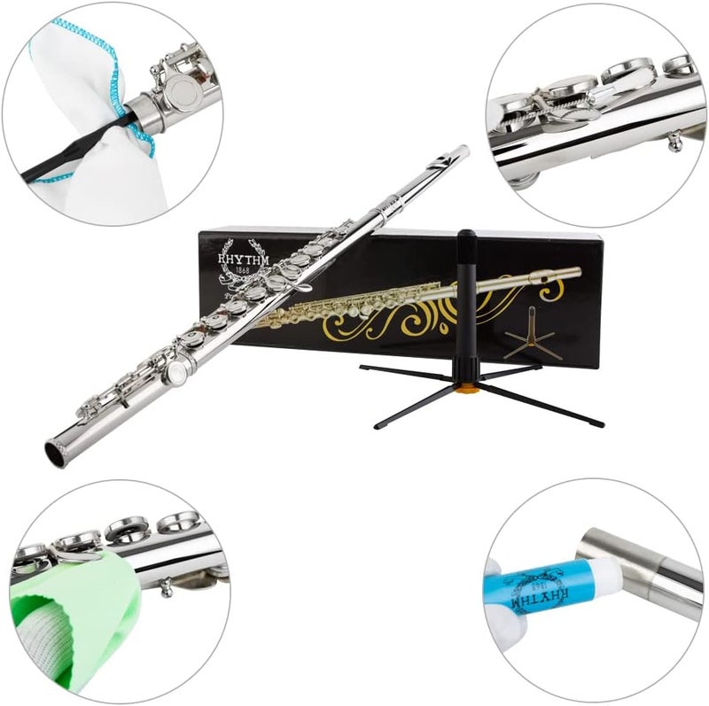 Rhythm C Flutes with Engraved Flower Closed Hole 16 Keys Flute For Student, Beginner with Stand, Carrying Case,Gloves,Joint Grease, Tuning Rod, Nickel - Image 3